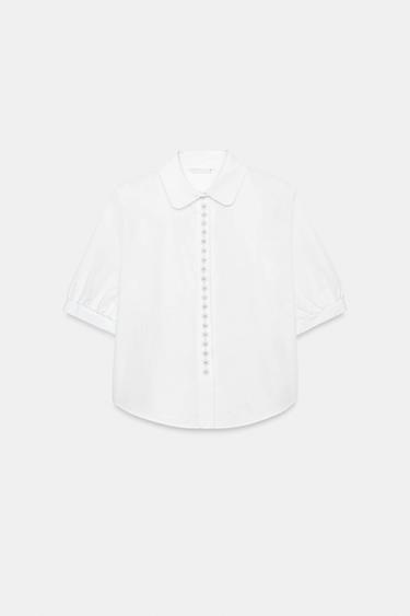 РУБАШКА ИЗ ПОПЛИНА С ЖЕМЧУГОМ — БЕЛЫЙ от Zara — изображение 0