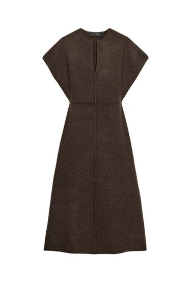 Front view of a brown midi dress with a V-neck, short sleeves, and prominent front seams.
