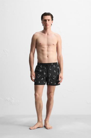 EMBROIDERED MID-LENGTH SWIMMING TRUNKS - Black by Zara - Image 0