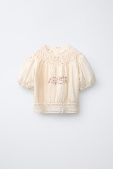 EMBROIDERED BLOUSE - Ecru by Zara