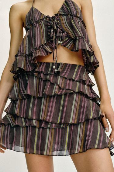 FALDA PANTALÓN RAYAS HILO METALIZADO - Marrón de Zara