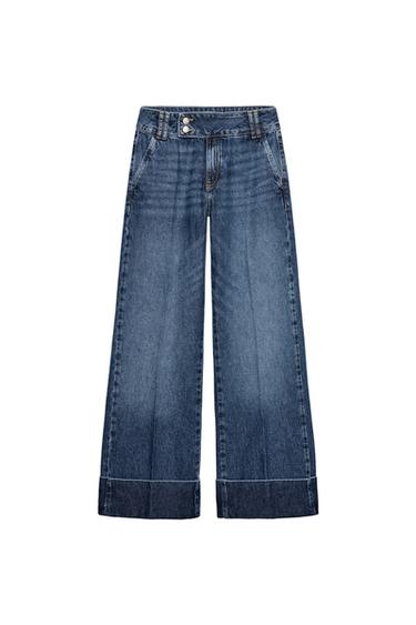 Zara Z1975 系列低腰直筒翻邊牛仔褲 - 藍色