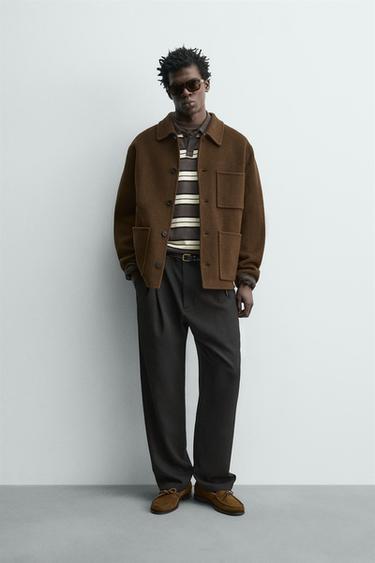 جاكيت قميصي بقصّة عادية 100% صوف - بني داكن الخاص بـ Zara - صورة 0