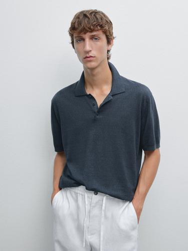 Zara Linen blend knit polo shirt - Navy blue