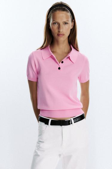 SHORT SLEEVE KNIT POLO TOP - Mid-pink by Zara