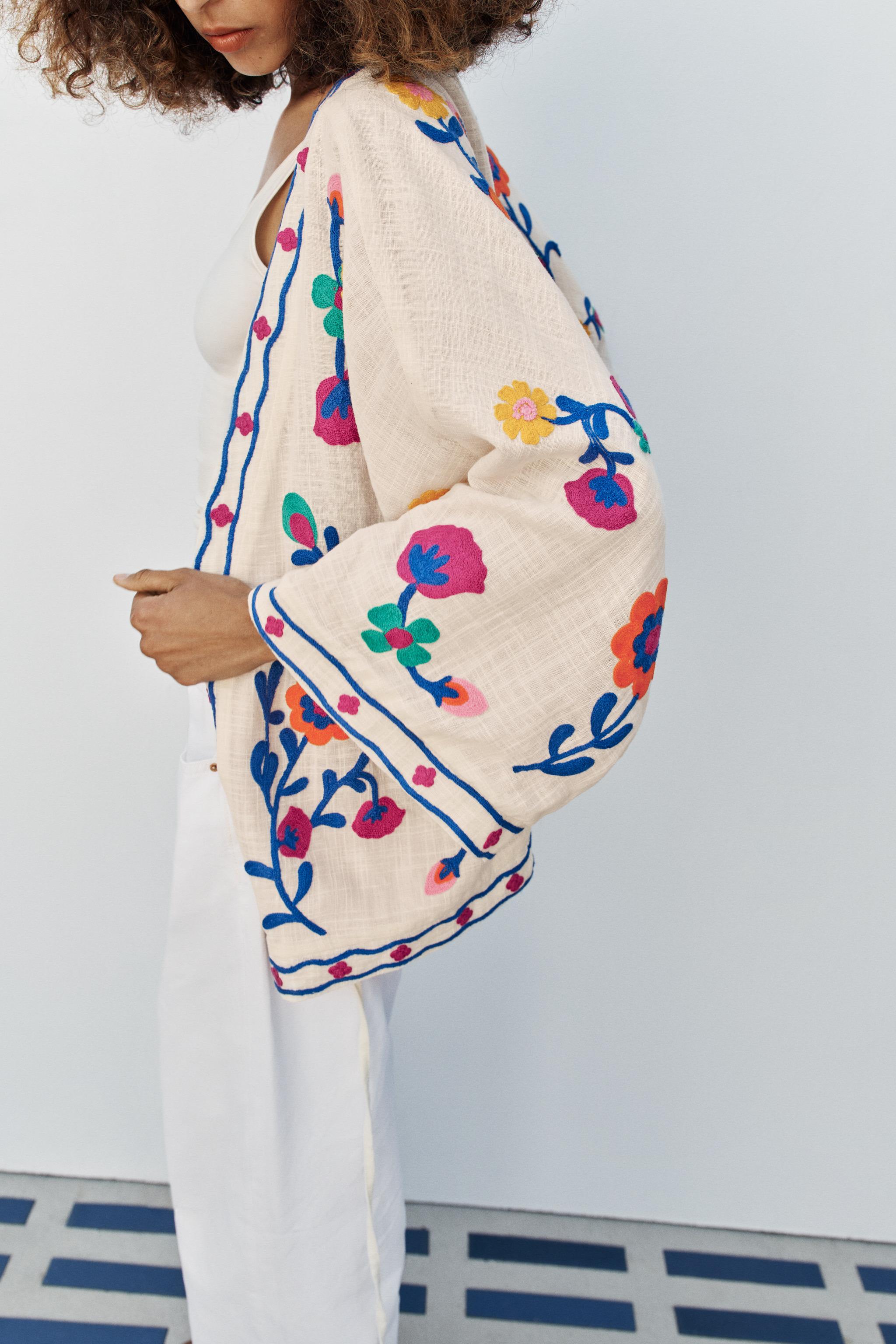 Женские топы Zara FLORAL EMBROIDERED KIMONO — фото 2