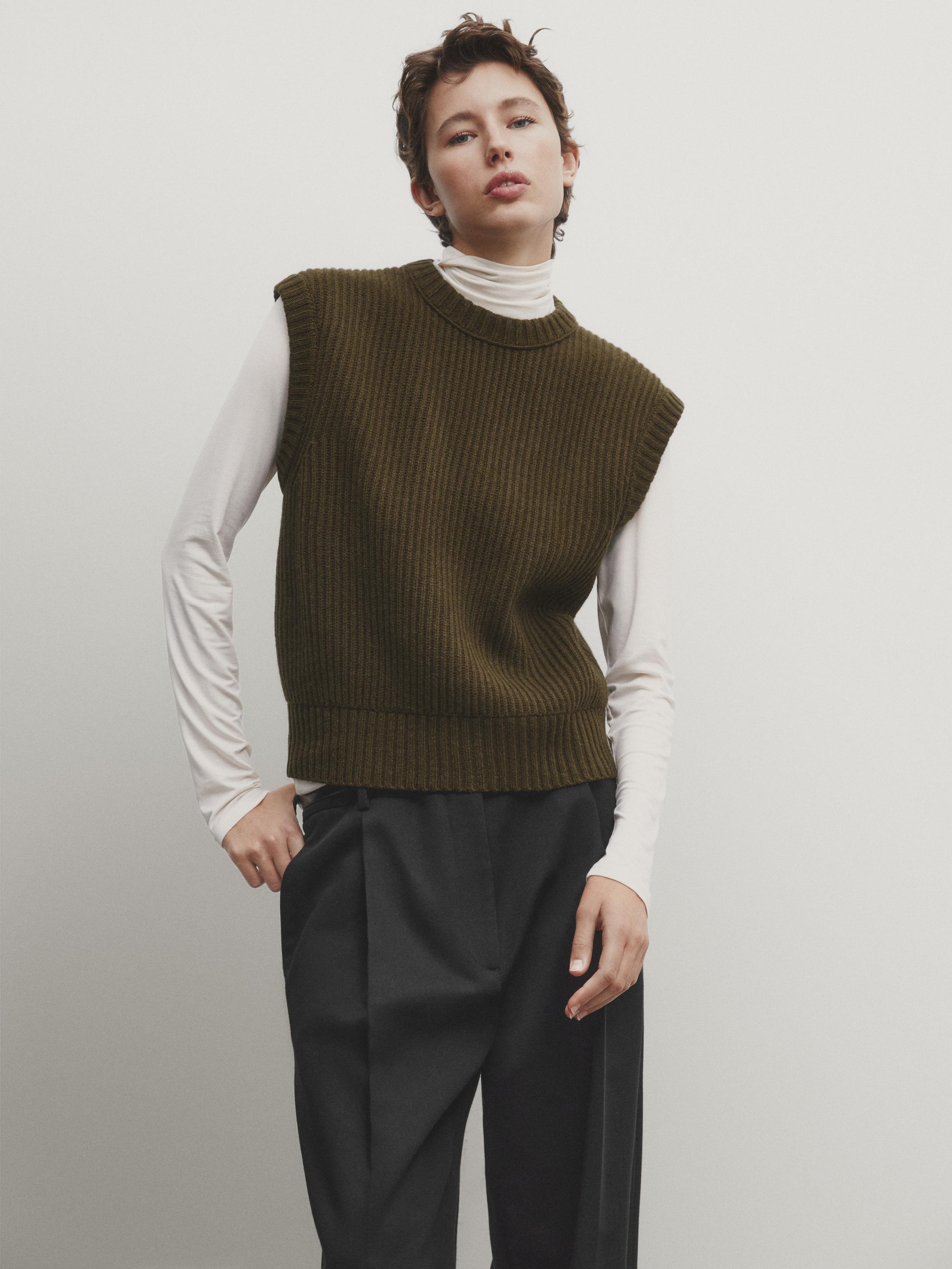 Wool blend purl knit vest - Khaki | ZARA United States