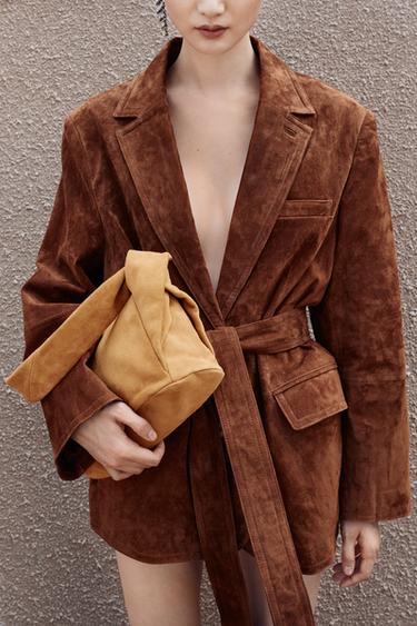 Zara 絨面真皮手提包 - 芥末黃色