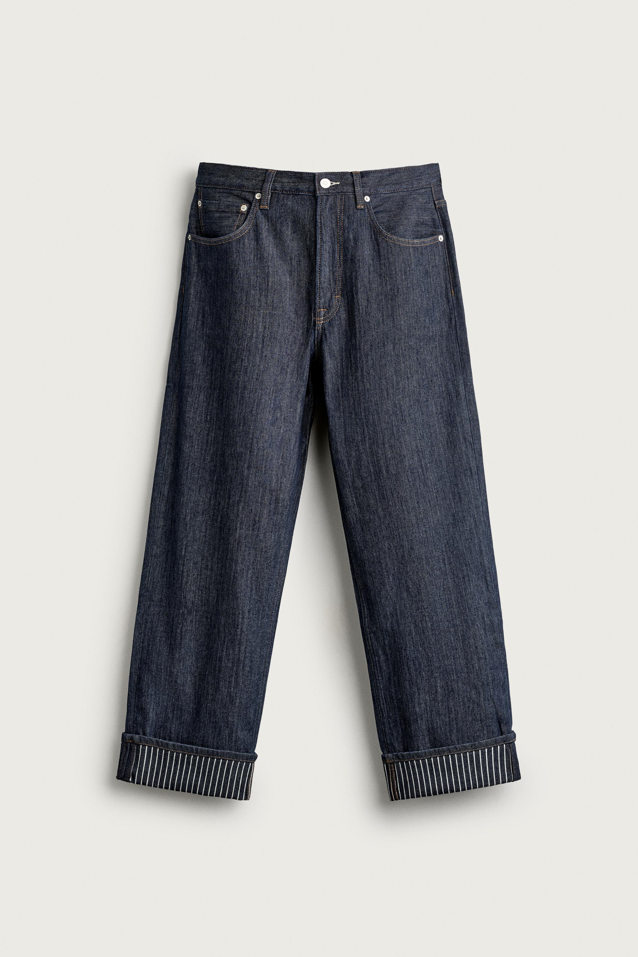 CONTRAST TURN-UP STRAIGHT FIT JEANS — Indigo