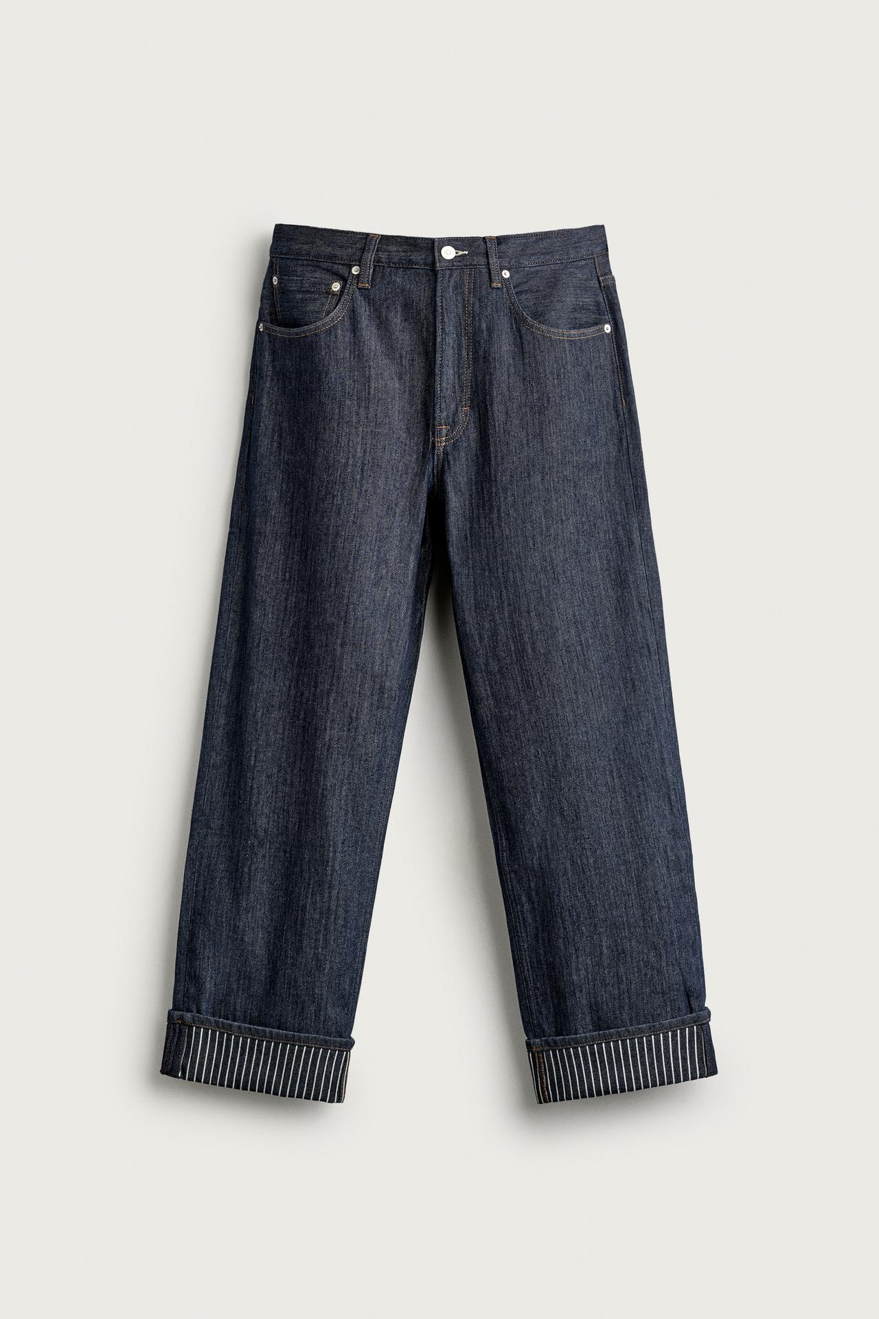 CONTRAST TURN-UP STRAIGHT FIT JEANS — Indigo
