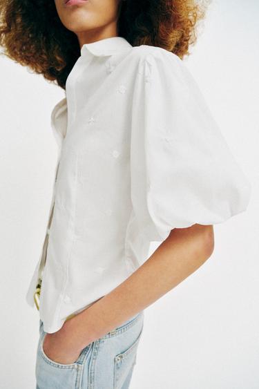 EMBROIDERED PUFF SLEEVE SHIRT - White by Zara - Image 4
