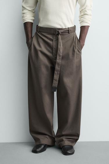 Zara BELTED WIDE FIT PANTS - Taupe gray