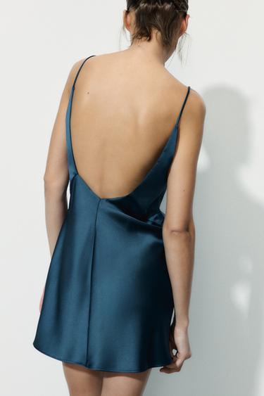 MINI SATIN DRESS WITH GATHERED V-NECK - Dark navy by Zara