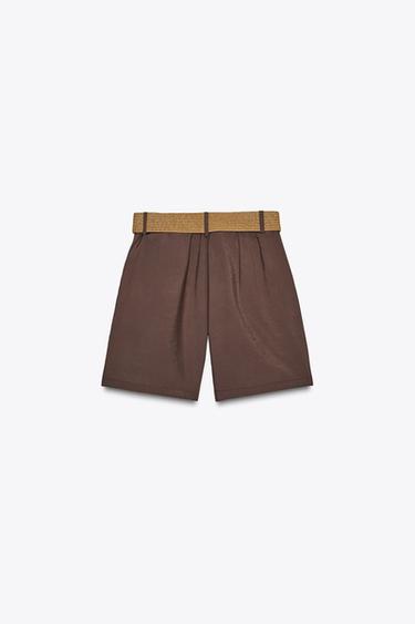 Zara PLEATED BELT SHORTS - Brown