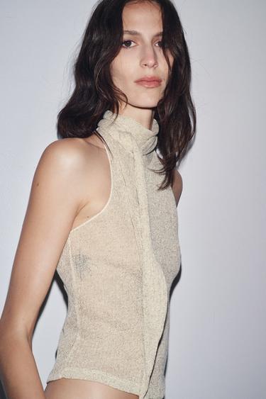 Zara METALLIC THREAD HALTER TOP - Golden