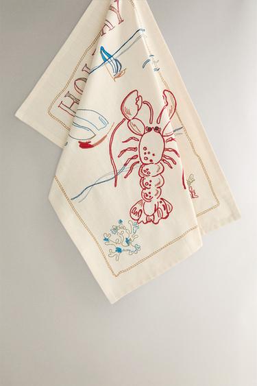 EMBROIDERED HOLIDAY TEA TOWEL - Blue by Zara