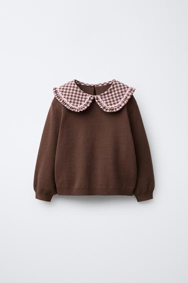 GINGHAM CHECK KNIT JUMPER WITH PETER PAN COLLAR - Chocolate by Zara