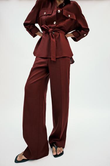 STRAIGHT-LEG LINEN BLEND TROUSERS - Burgundy by Zara - Image 4
