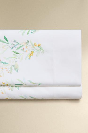LEAF AND FLORAL PRINT SATEEN FLAT SHEET - Oyster-white by Zara