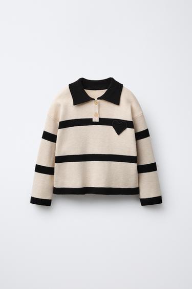 STRIPED KNITTED POLO SHIRT WITH HEART - Ecru / Black by Zara
