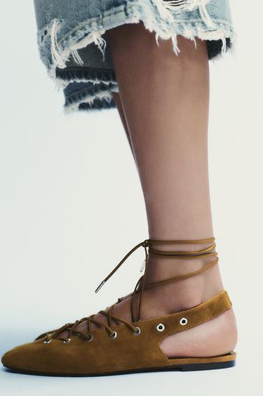 SPLIT SUEDE TIE SLINGBACK SHOES - Dark tan by Zara - Image 1