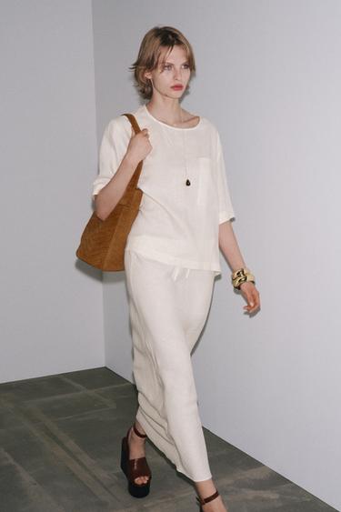 Zara ZW COLLECTION LINEN SHORT SLEEVE TOP - Ecru