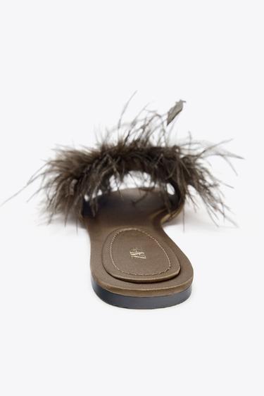 FEATHER FLAT SANDALS - Chocolate Brown by Zara - Image 3