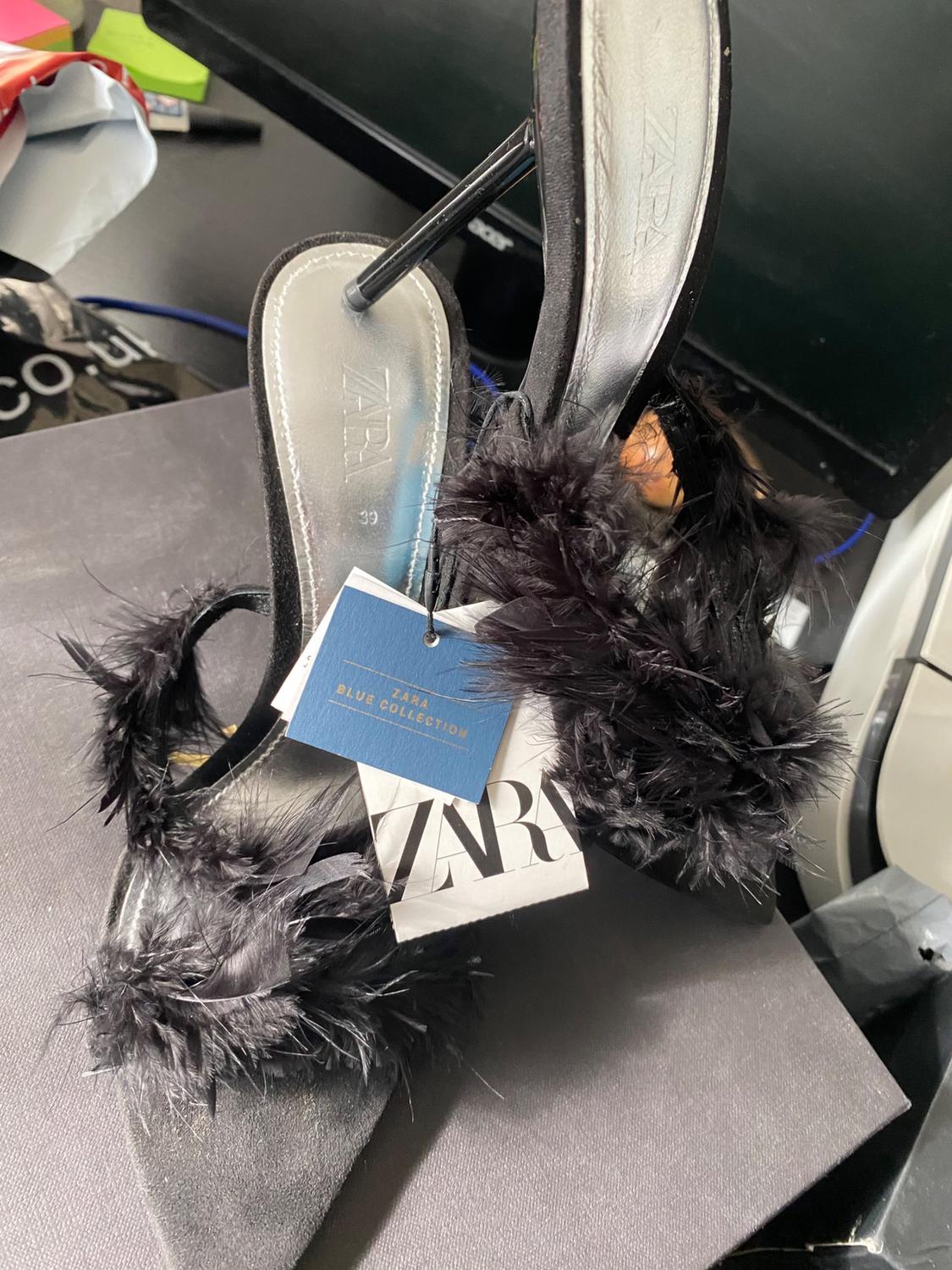 BLUE COLLECTION LEATHER HIGH HEEL MULES WITH FEATHERS - Image 3