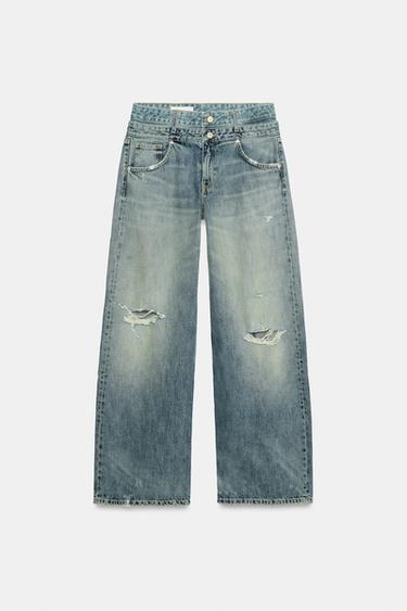 Zara TRF STRAIGHT-FIT DOUBLE WAISTBAND MID-RISE JEANS - Blue
