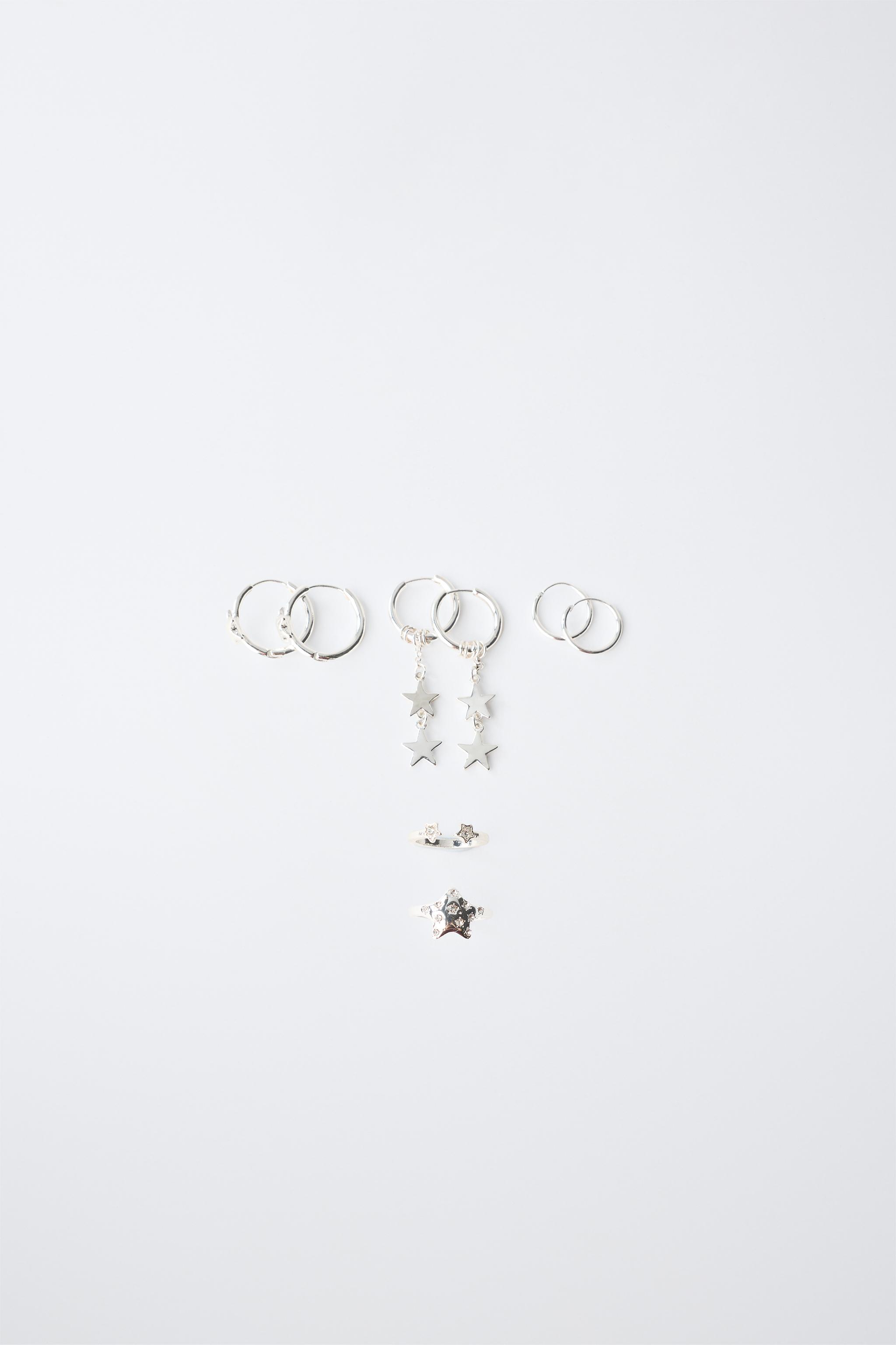STAR HOOP EARRINGS AND RING SET — Silver