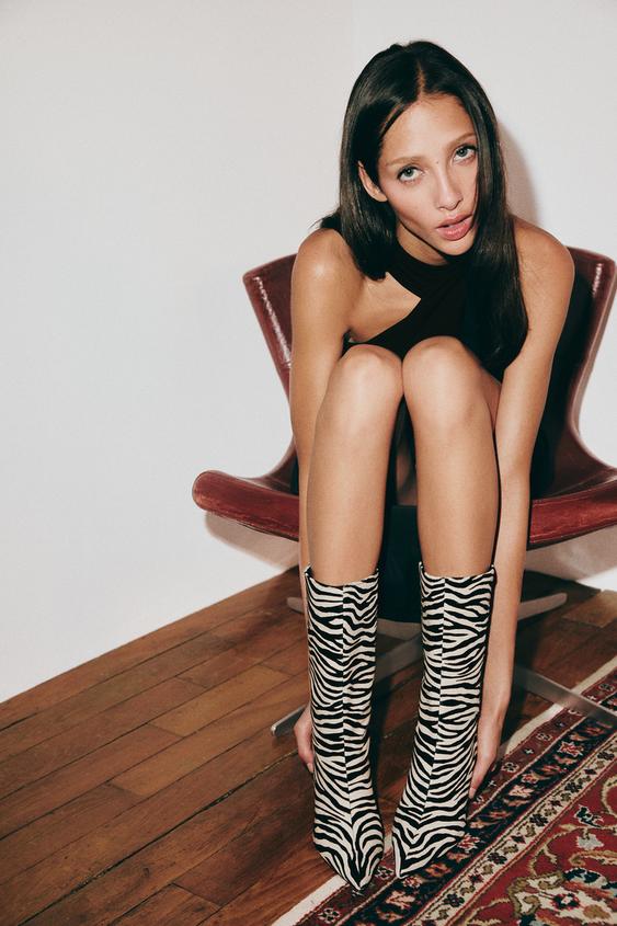 Zara ANIMAL PRINT LEATHER HEEL BOOTIES - Zebra - Image 0