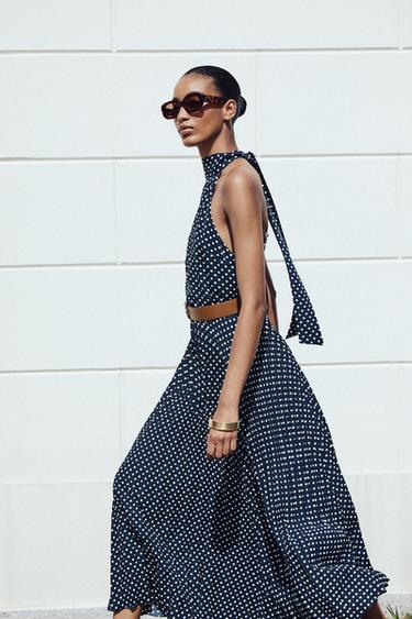 ROBE MIDI HALTER À POIS CEINTURE - Bleu marine de Zara - Image 2