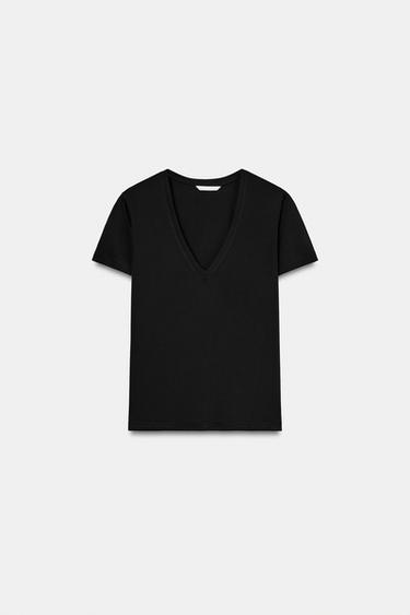 INTERLOCK V-NECK T-SHIRT - Black by Zara
