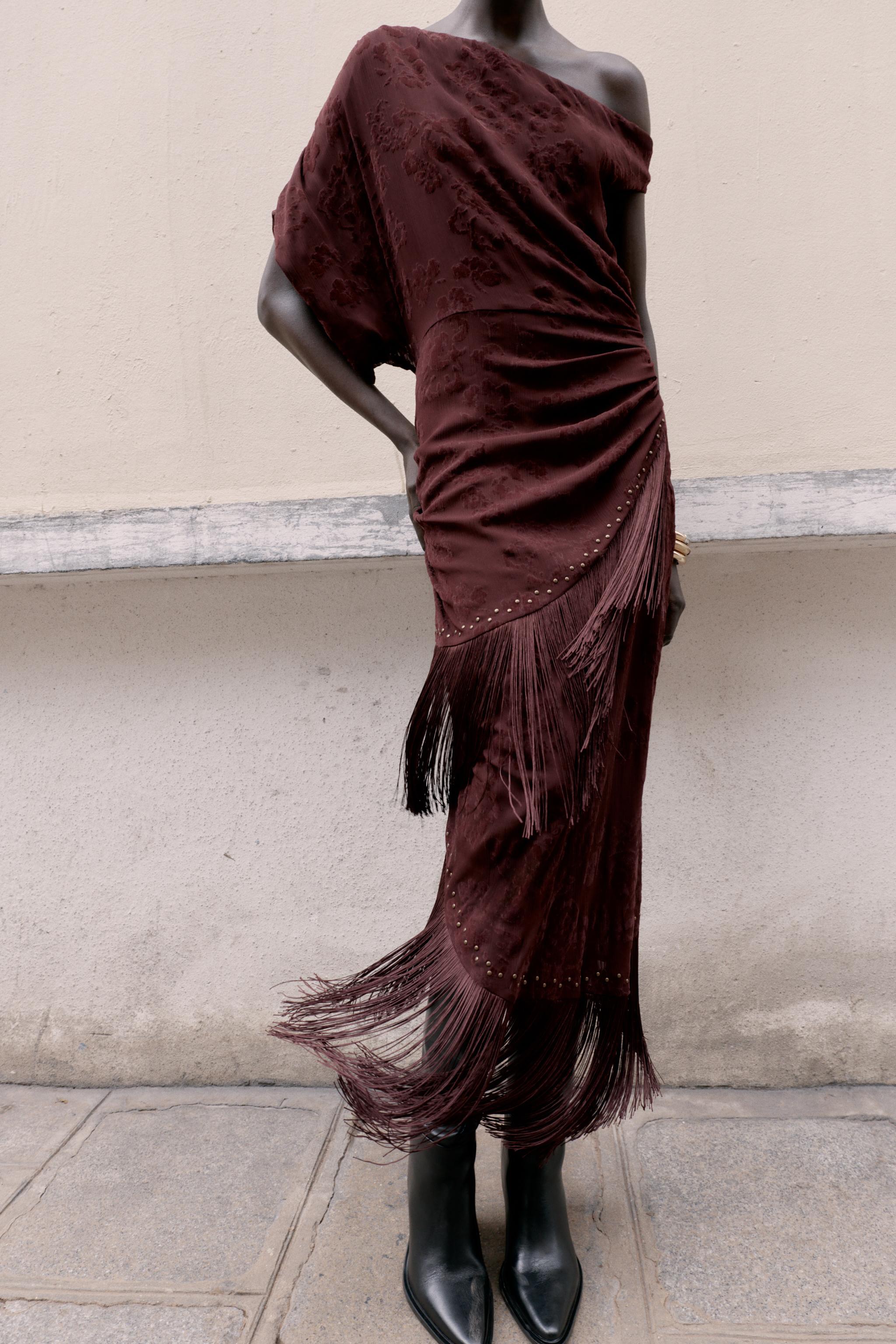 DEVORÉ FRINGED ASYMMETRIC MIDI DRESS