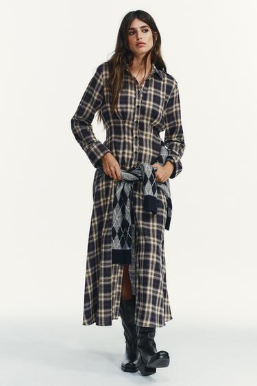 CHECKED PLEATED MIDI DRESS - Brown-Blue by Zara