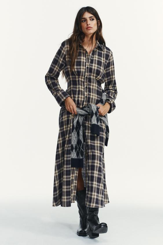 PLAID PLEATED MIDI DRESS