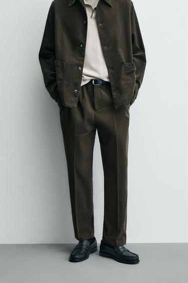 REGULAR FIT LIGHT CORDUROY TROUSERS - Dark green by Zara