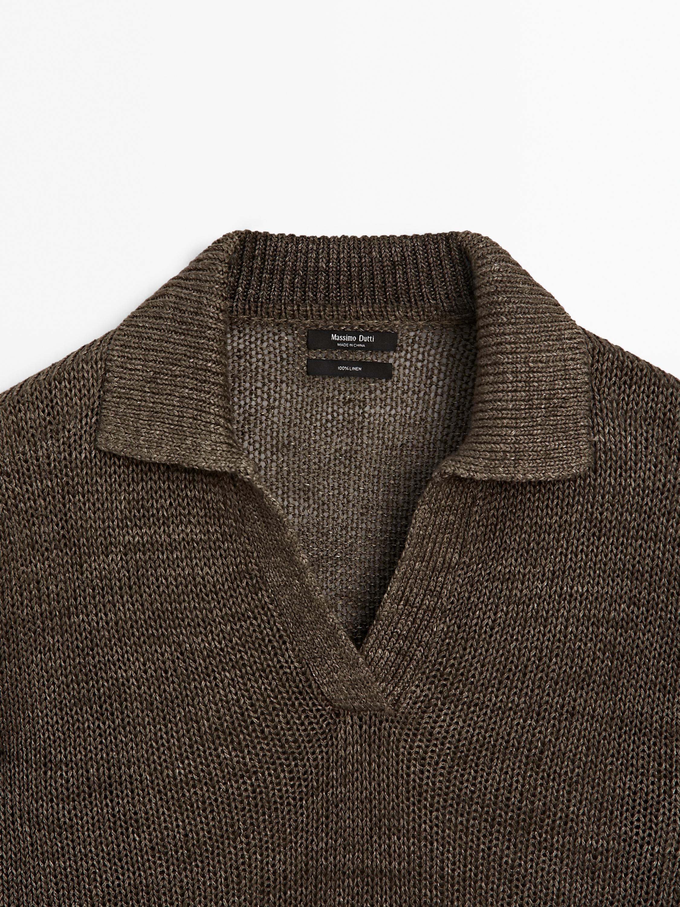 100% linen knit polo collar sweater