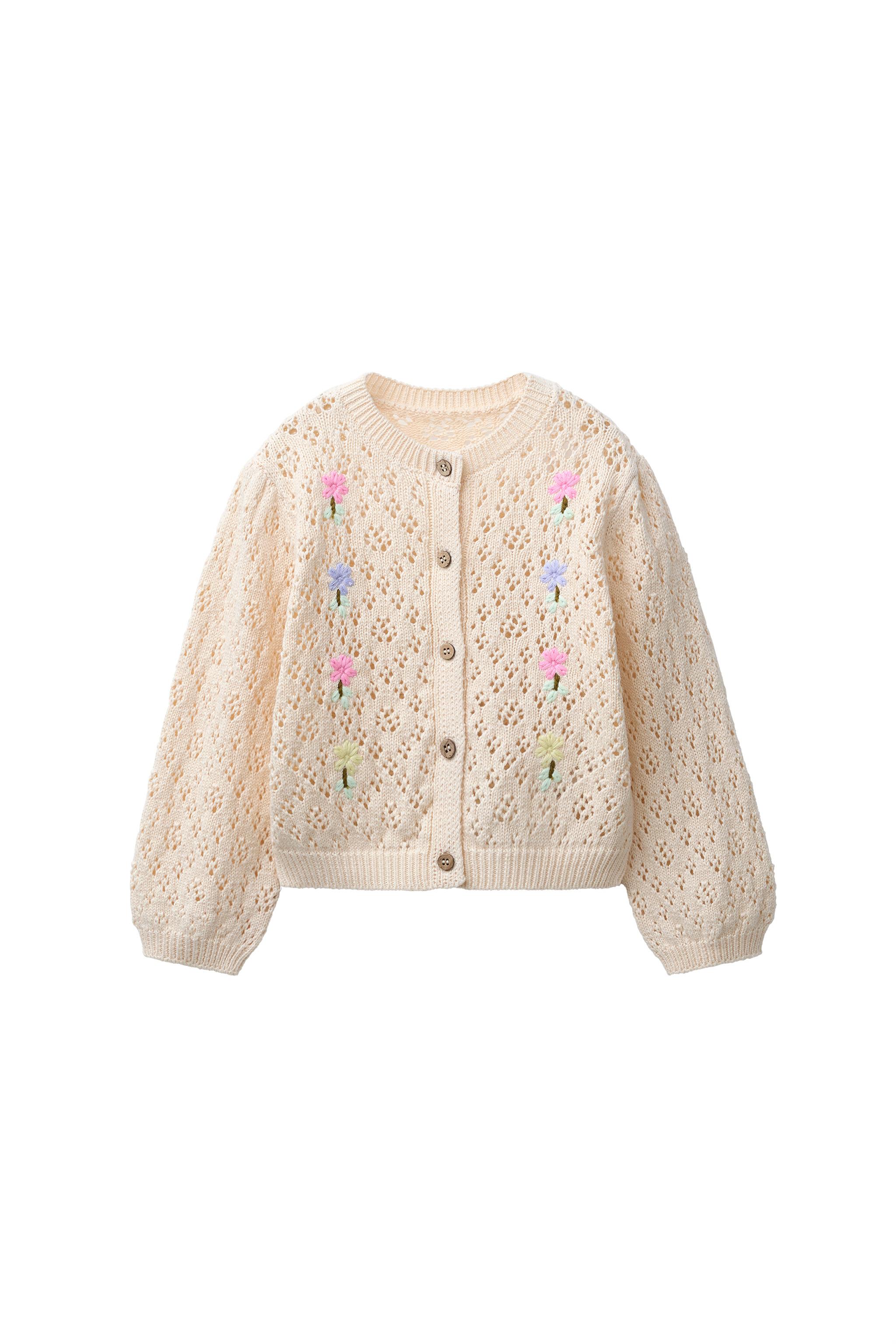 ZARA ウール混フラワーニットカーディガン ZARA フラワー ジャガード ニットカーディガン コットン混 厚手 花柄 M
