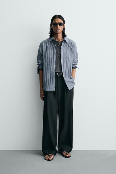 Zara RELAXED FIT STRIPED JACQUARD SHIRT - Blue