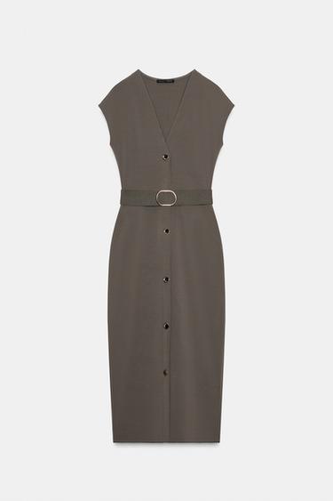 Zara 彈性中長版腰帶連身裙 - 中卡其色