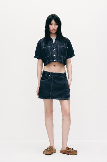 Zara Z1975 交叉設計牛仔短褲裙 - 藍色