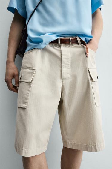 REGULAR FIT HERRINGBONE CARGO BERMUDA SHORTS - Sand by Zara