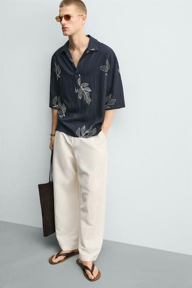CHEMISE POLO BRODERIE FEUILLES - Bleu / Blanc de Zara - Image 5