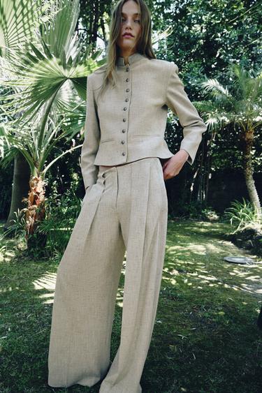 Zara ZW COLLECTION TOPSTITCHED STRAIGHT LEG PANTS - Beige