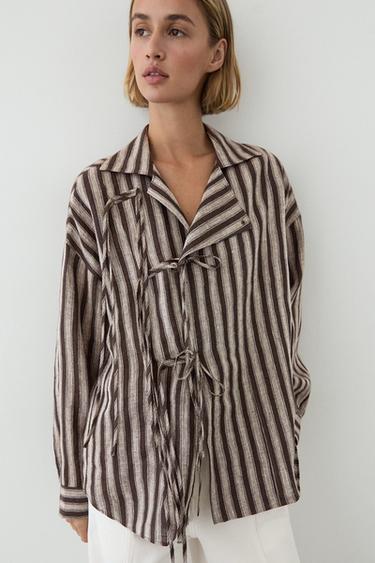 Camisa cruzada rayas detalle lazada - Negro de Zara