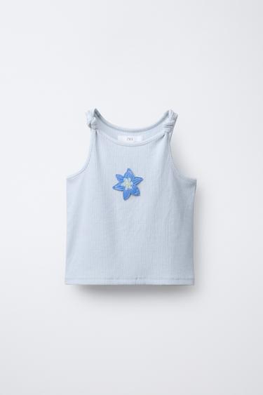 RIB T-SHIRT WITH KNOT AND FLORAL APPLIQUÉ - Light blue by Zara