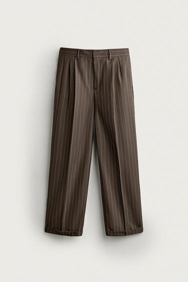 Zara 細條紋打褶長褲 - 棕黃色