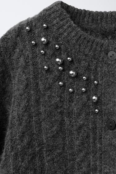 CABLE-KNIT CARDIGAN WITH FAUX PEARLS - Anthracite grey by Zara - Image 2