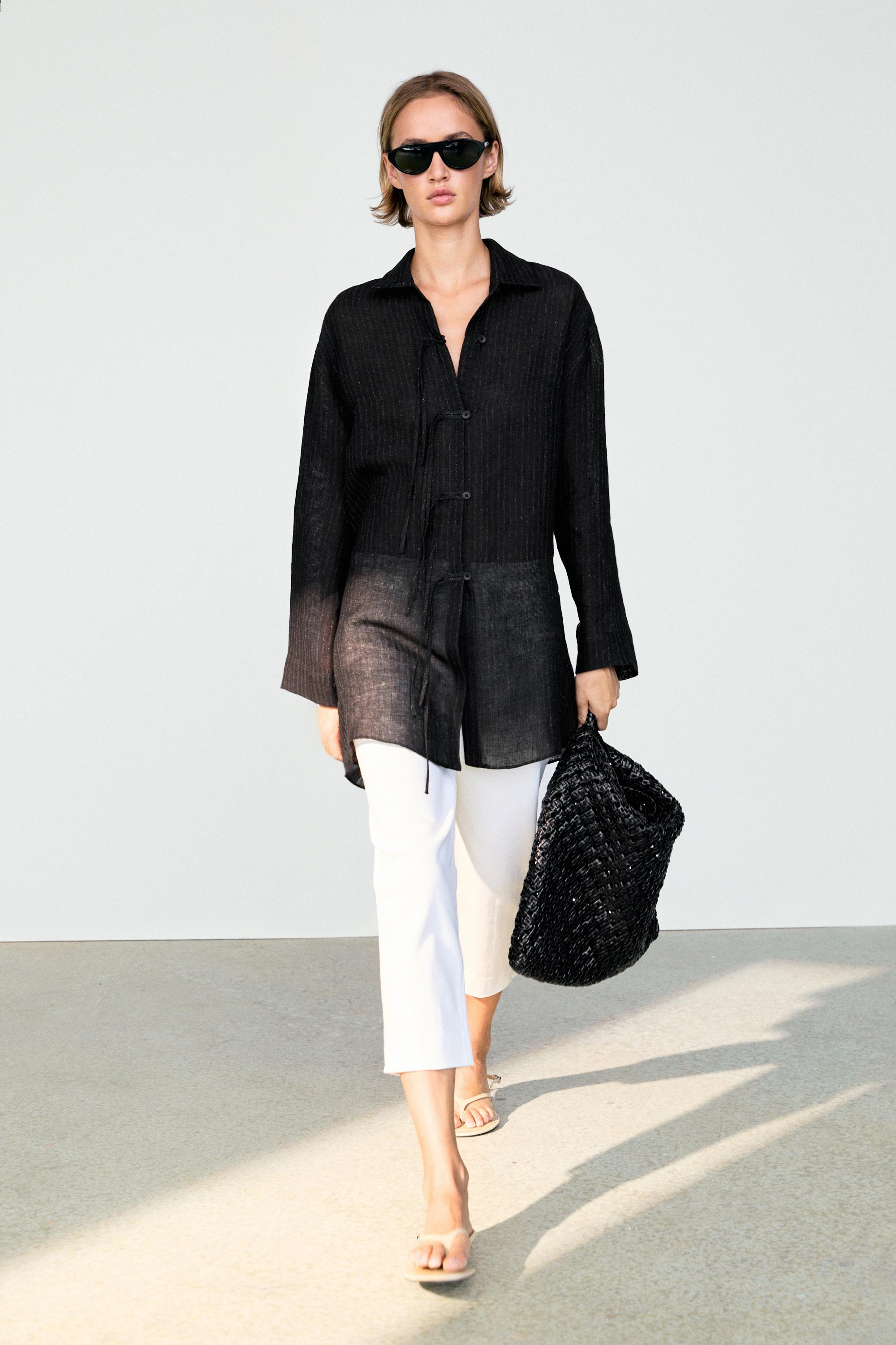 Striped linen blend oversize blouse with button detail — Black